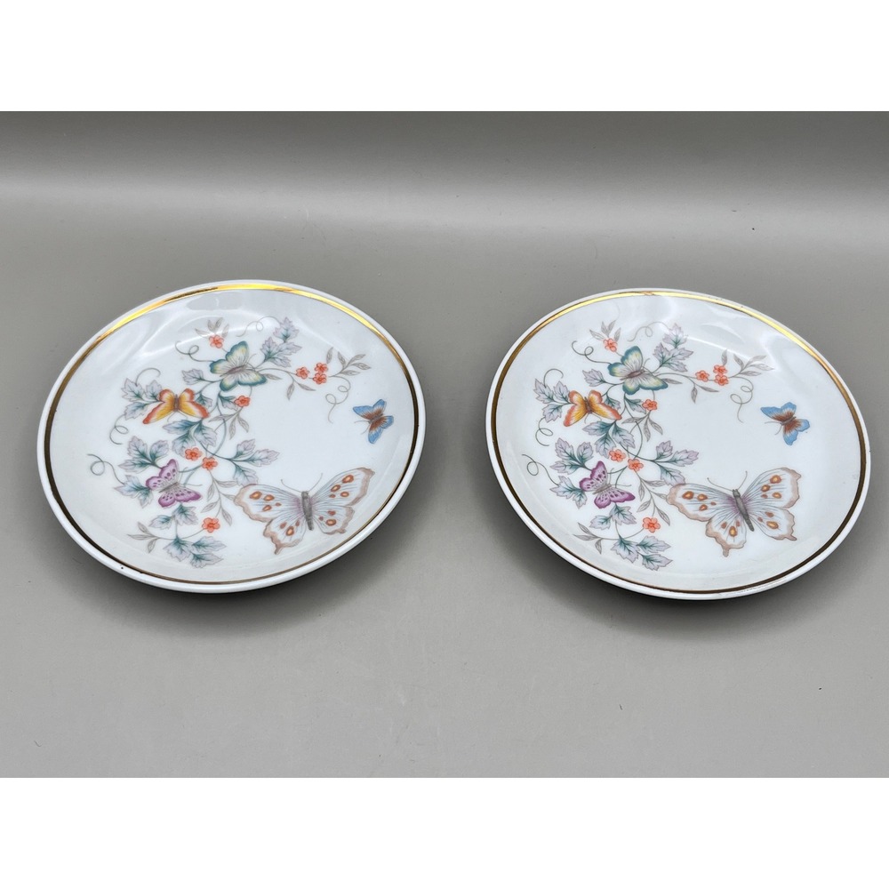 Vtg 1979 Avon Butterfly Fine Porcelain Mini Plates 22K Gold Trim Set of 2 4"